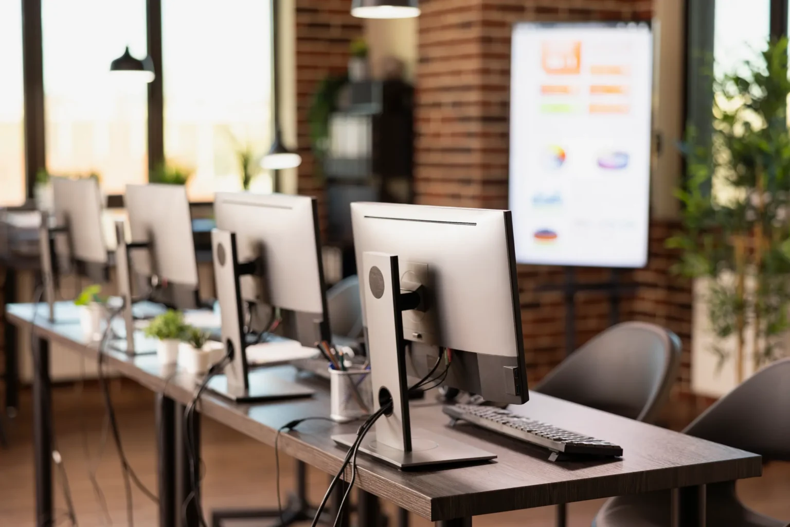 A row of desktop computers on a long desk in a bright room with brick walls